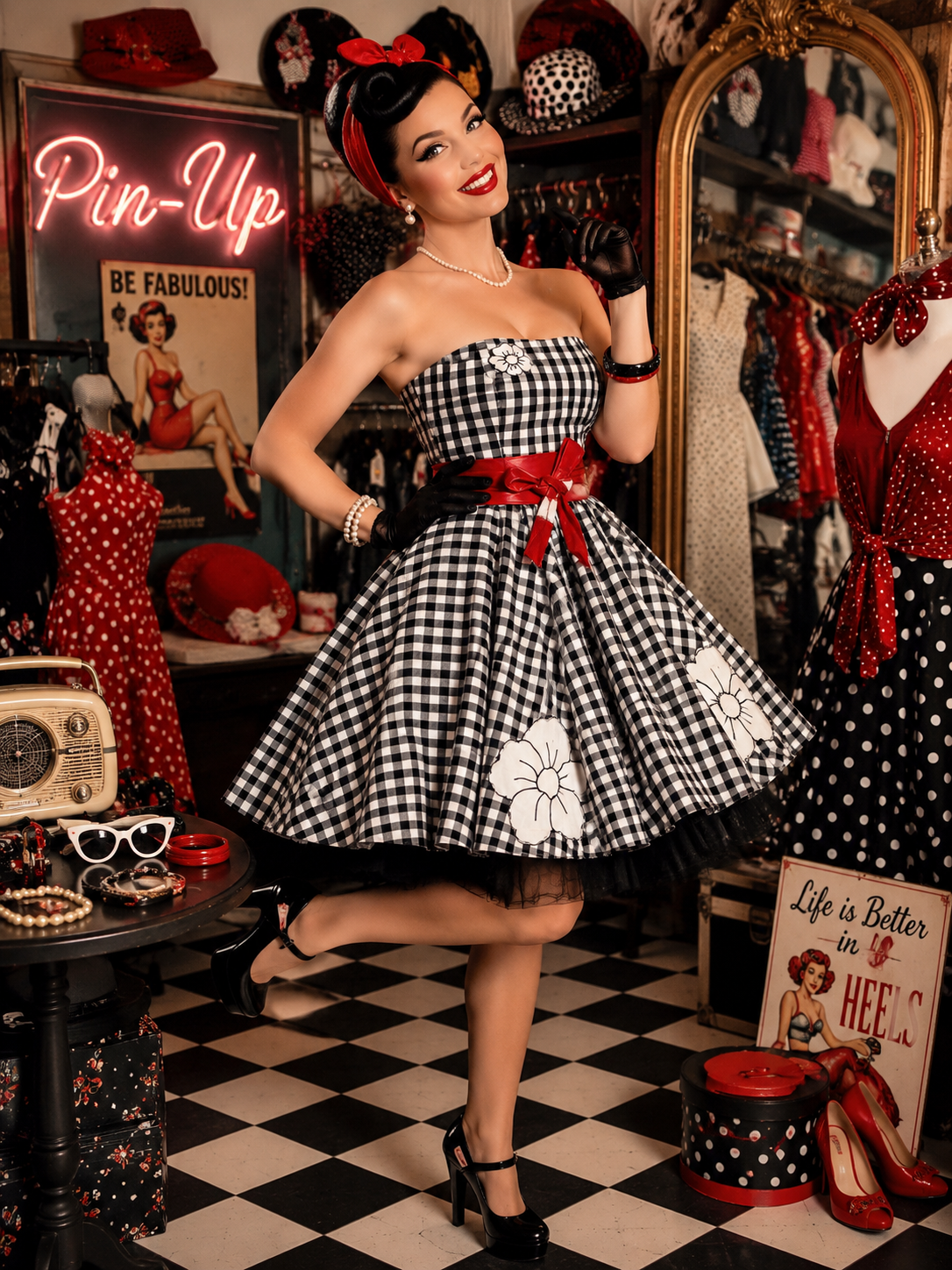 ROBE PIN UP VICHY NOIR ET BLANCHE ANEE 50