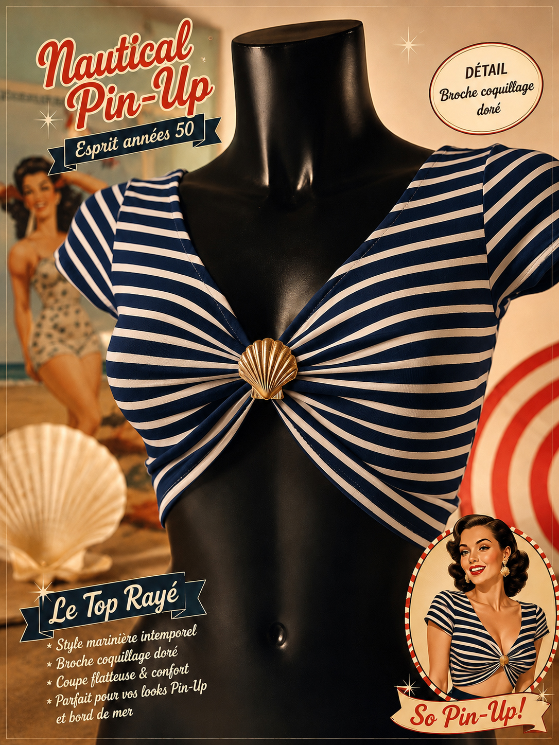 top marin pin up annee 50 marine et blanc