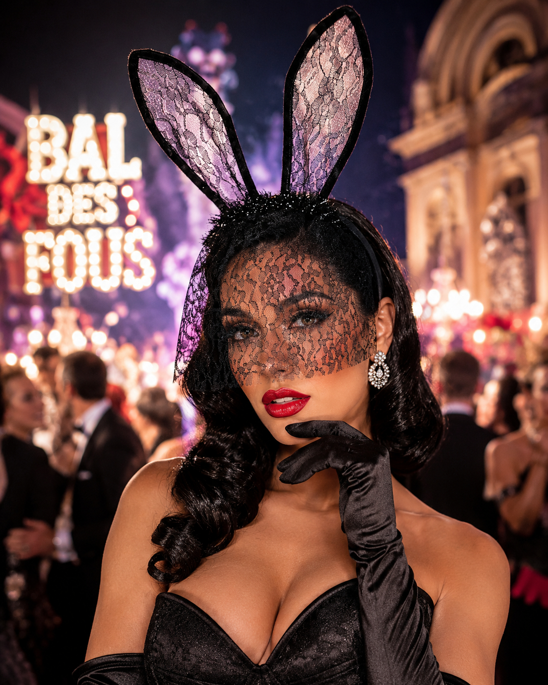 SERRE TETE ORIELLES DE LAPIN EN DENTELLE NOIRES AVEC VOILETTE 1