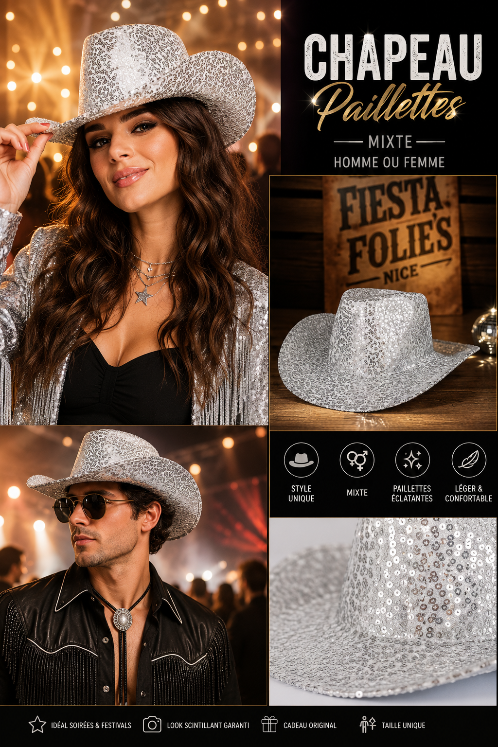 CHAPEAU WESTERN PAILLETTES ARGENT