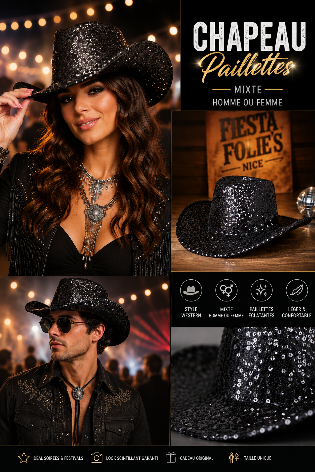 CHAPEAU PAILLETTES WESTERN NOIR
