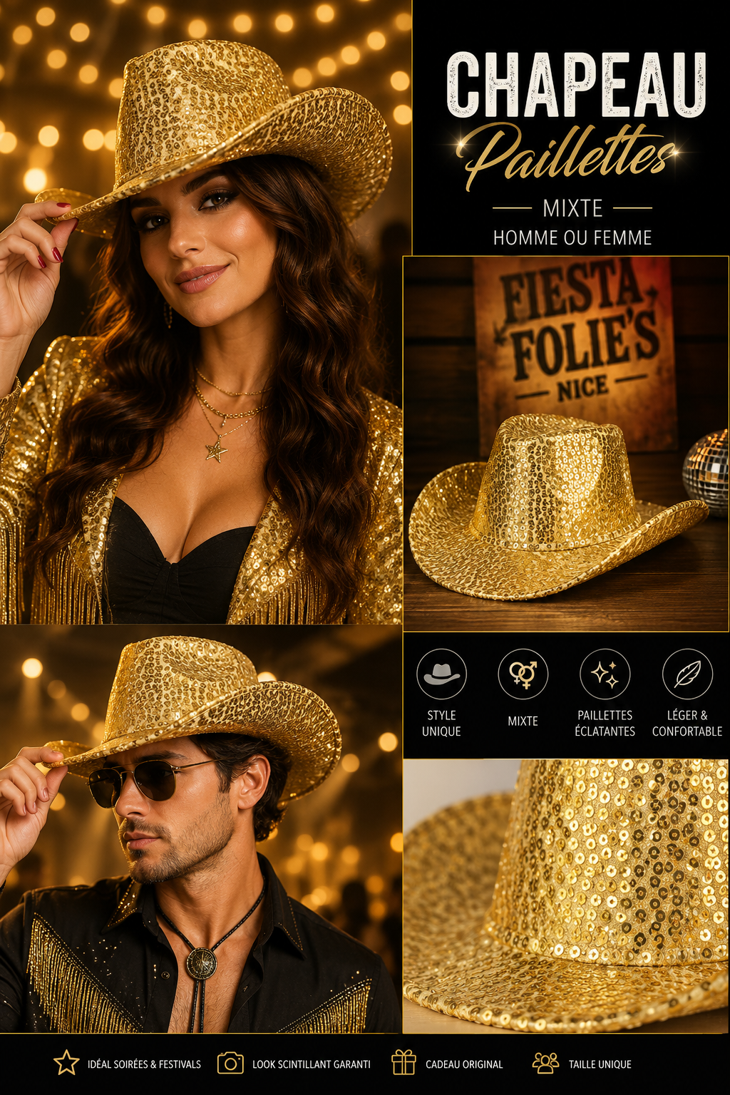 CHaPEAU WESTERN PAILLETTES OR