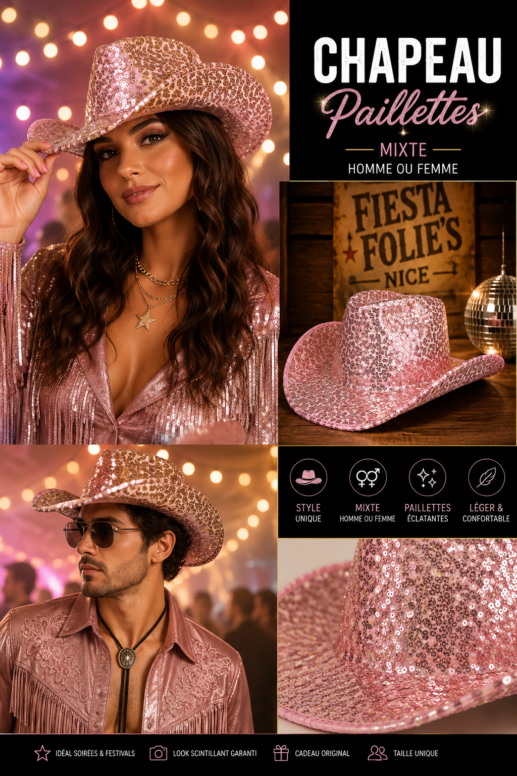CHAPeAU WESTERN PAILLETTES ROSES
