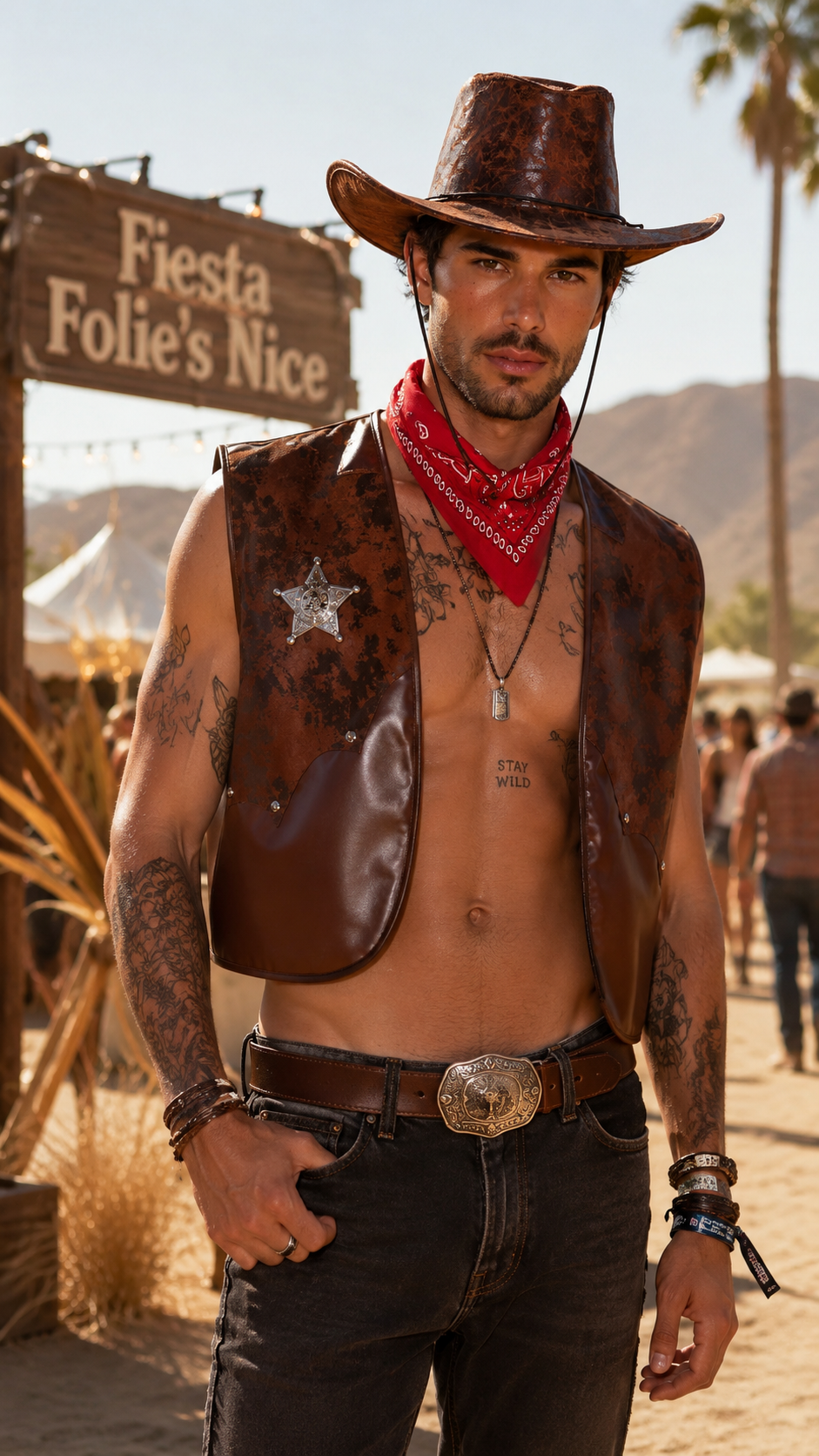 gilet simili cuir marron western cowboy