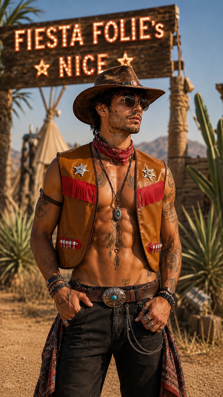 GILET WESTERN COWBOY HOMME EN SIMILI CUIR MARRON 2