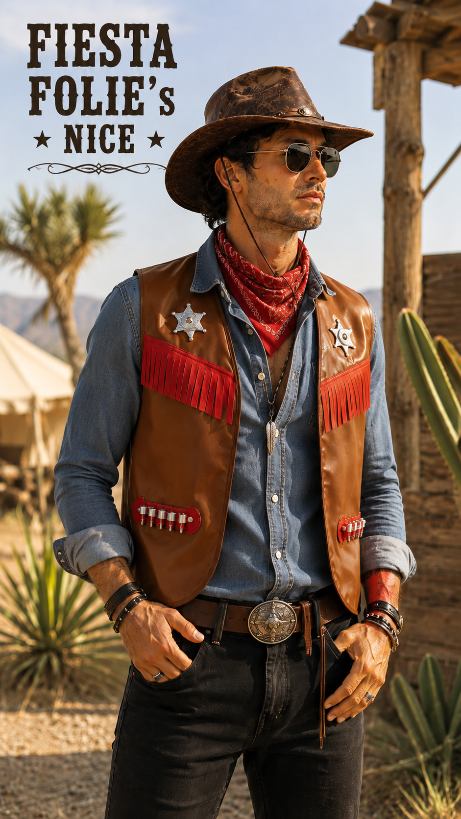 GILET WESTERN COWBOY HOMME EN SIMILI CUIR MARRON 1