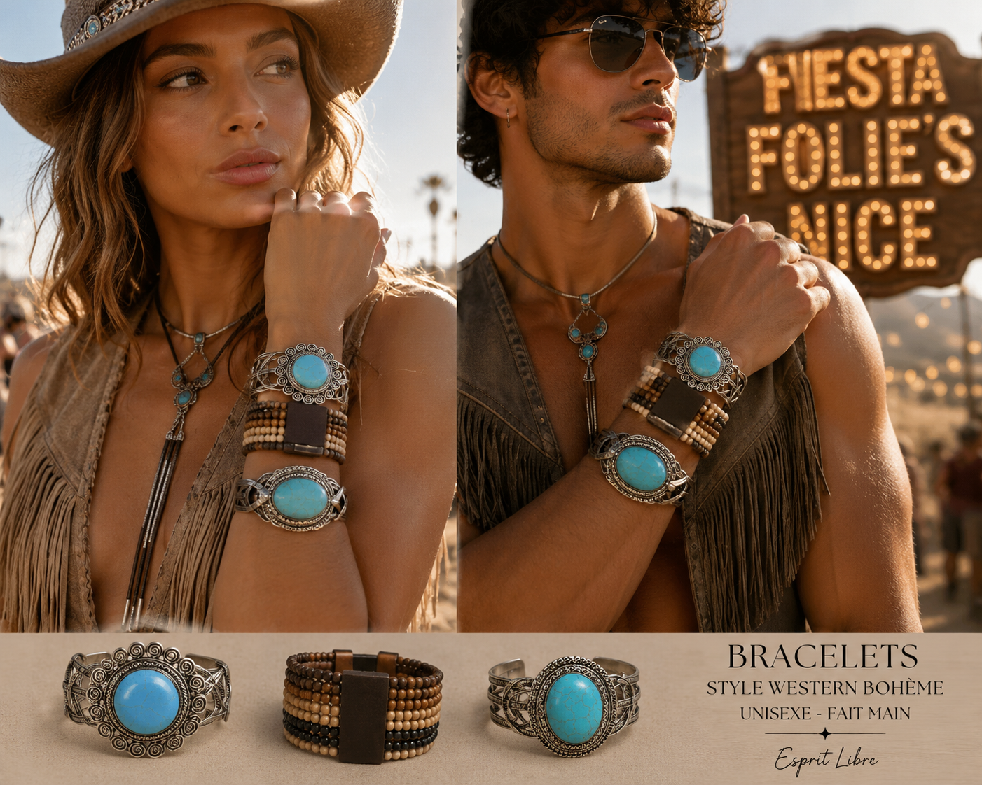 BRACELET MANCHETTES METAL ARGENT AVEC TURQUOISE COACHELLA FESTIVAL
