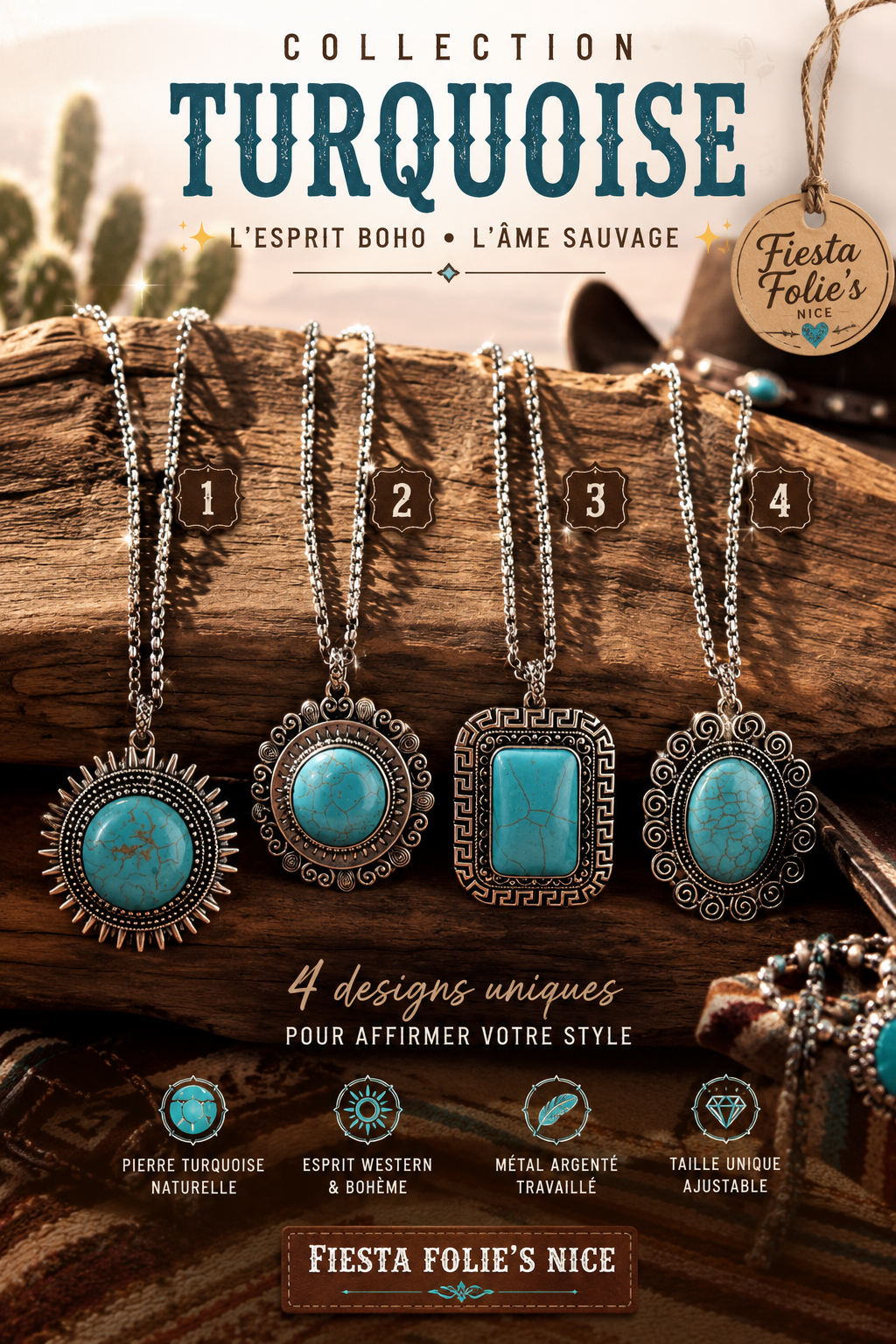 COLLIER BOHO CHIC WESTERN MATAL ARGENTE ET PERRE TURQUOISE