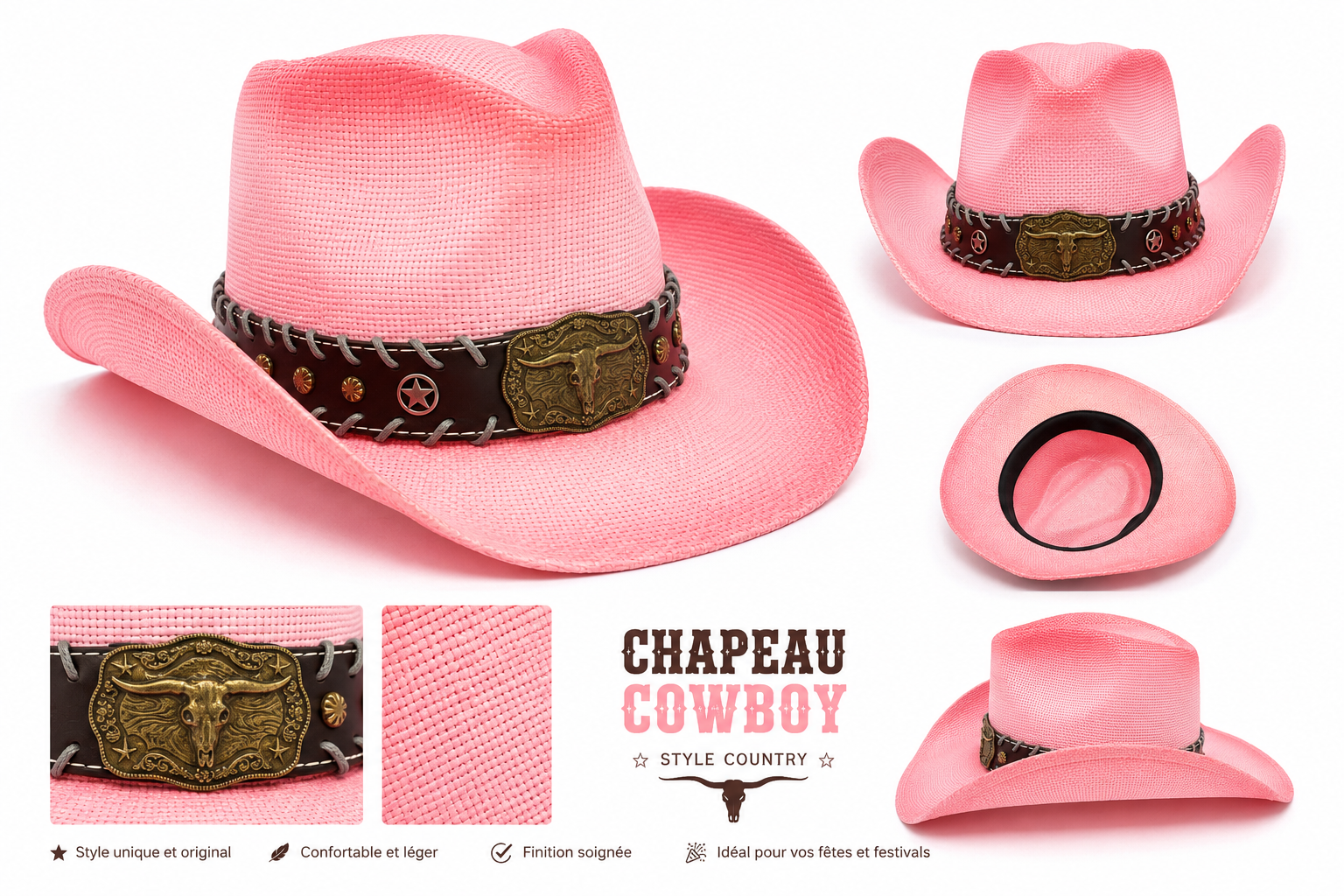 CHAPEAU COUNTRY PAILLE LUXE AVEC BRODERIE ROSE