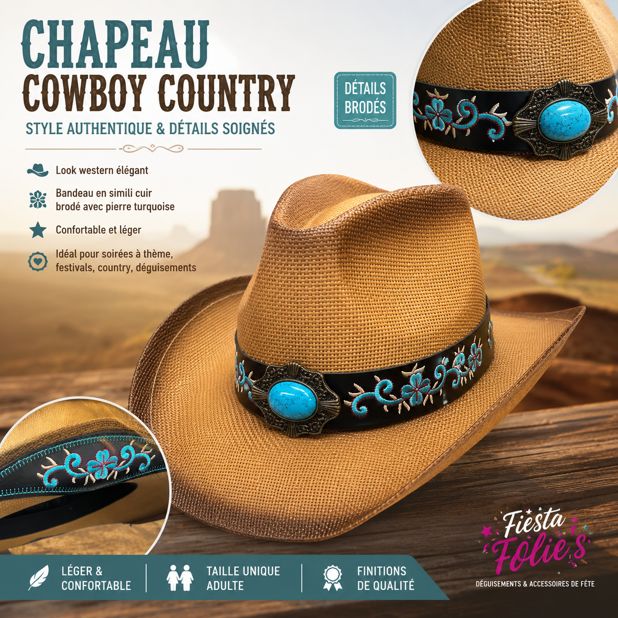 CHAPEAU COUNTRY PAILLE LUXE AVEC BRODERIE TURQUOISE