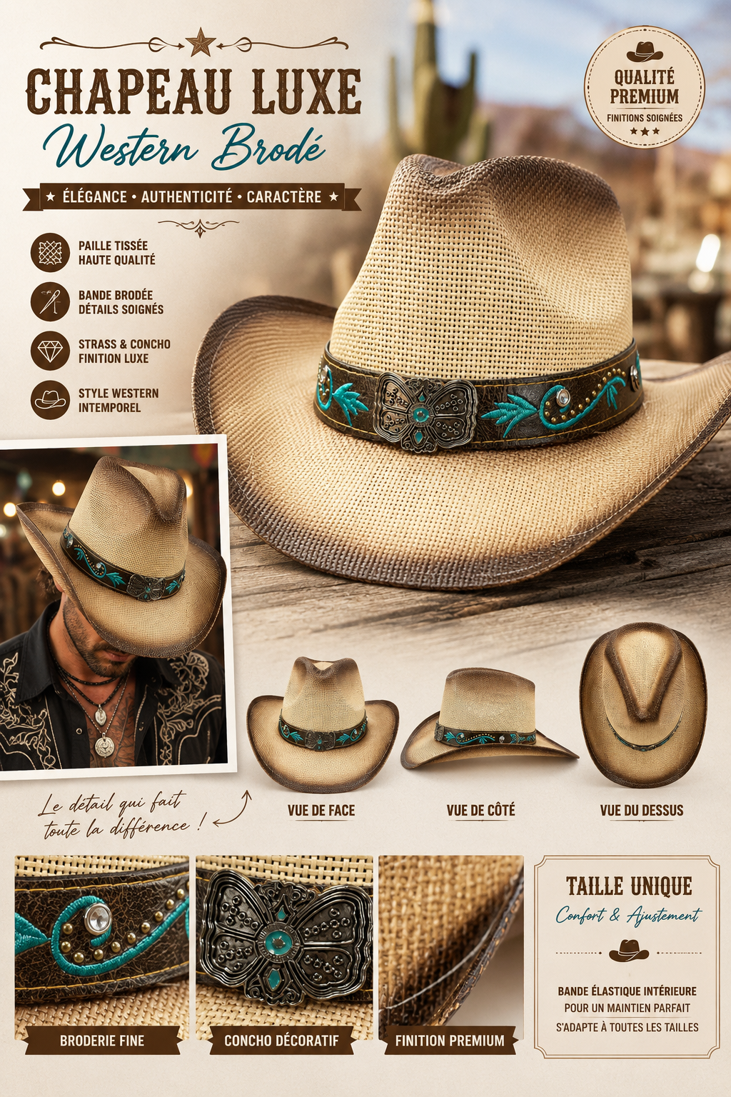 chapeau paille luxe western broderie turquoise