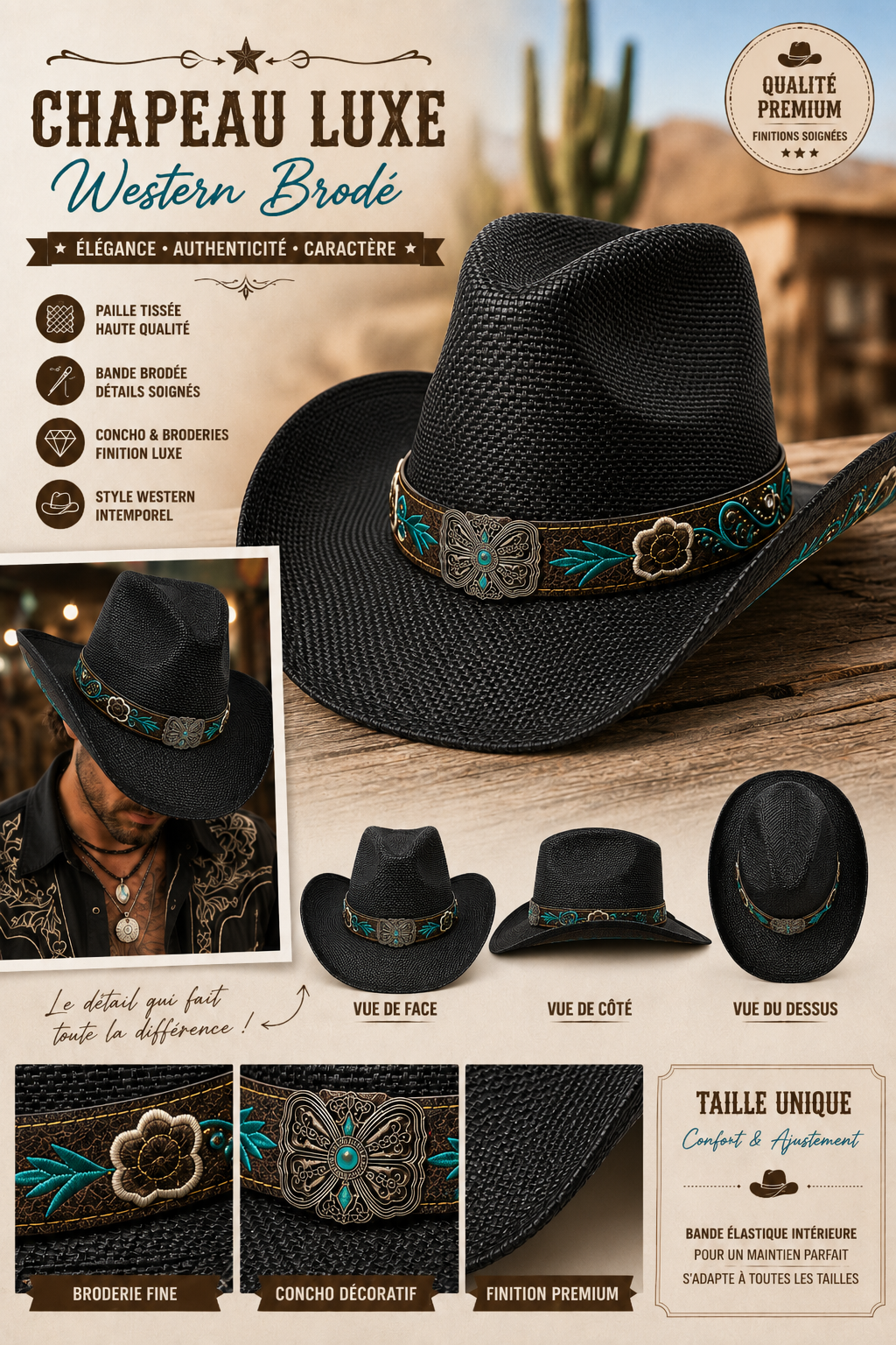 CHAPEAU COUNTRY PAILLE LUXE noir 1