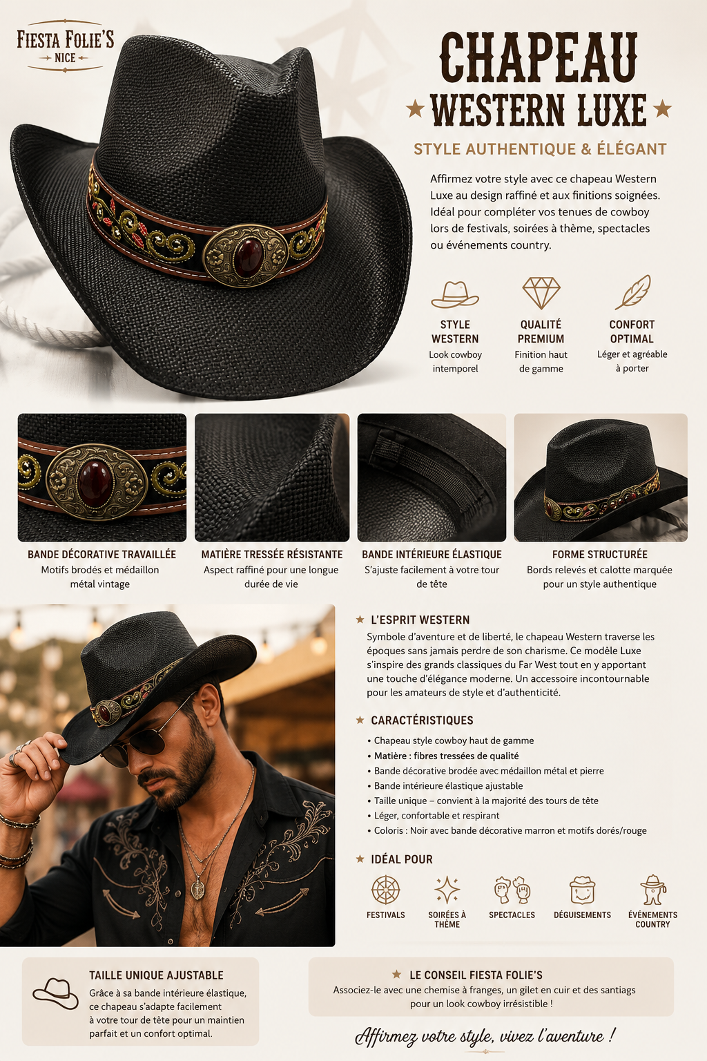 CHAPEAU COUNTRY PAILLE LUXE AVEC BRODERIE NOIR 1