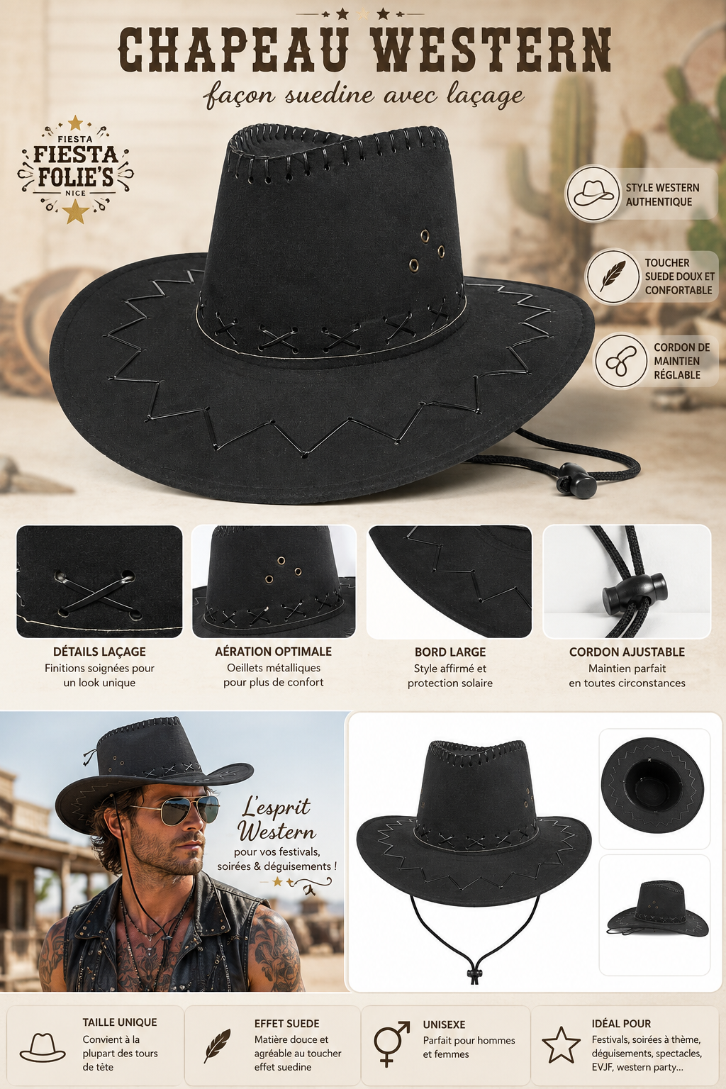 chapeau western suedine noire