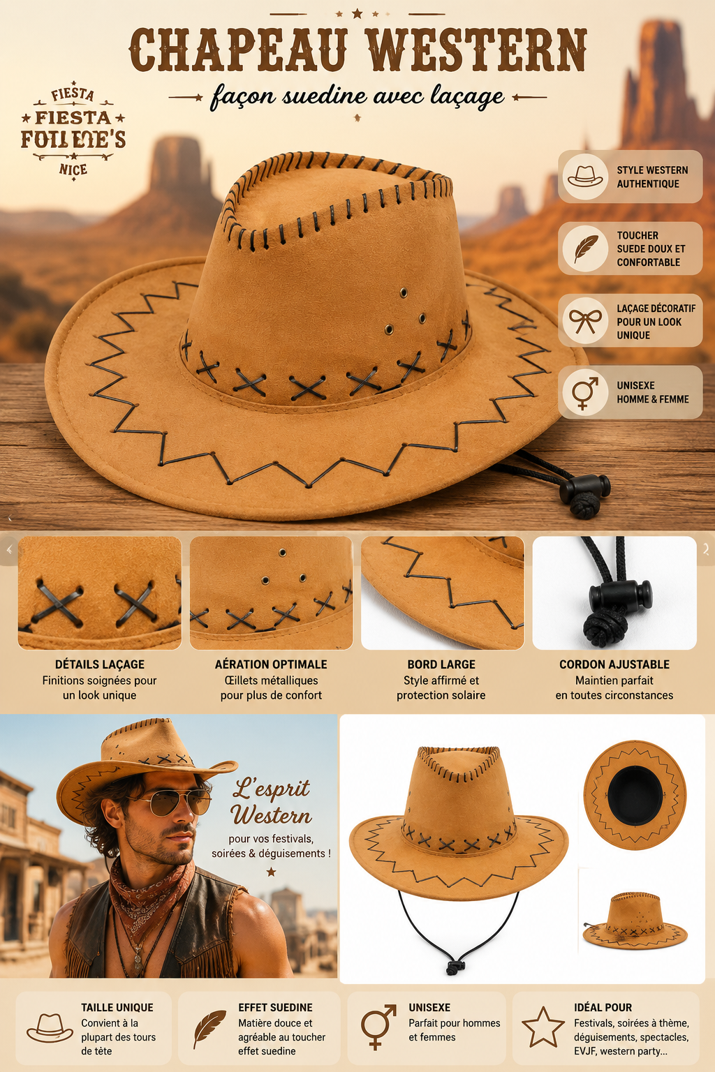 chapeau western suedine camel lacet