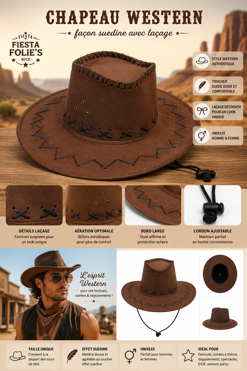 chapeau western chocolat lacets