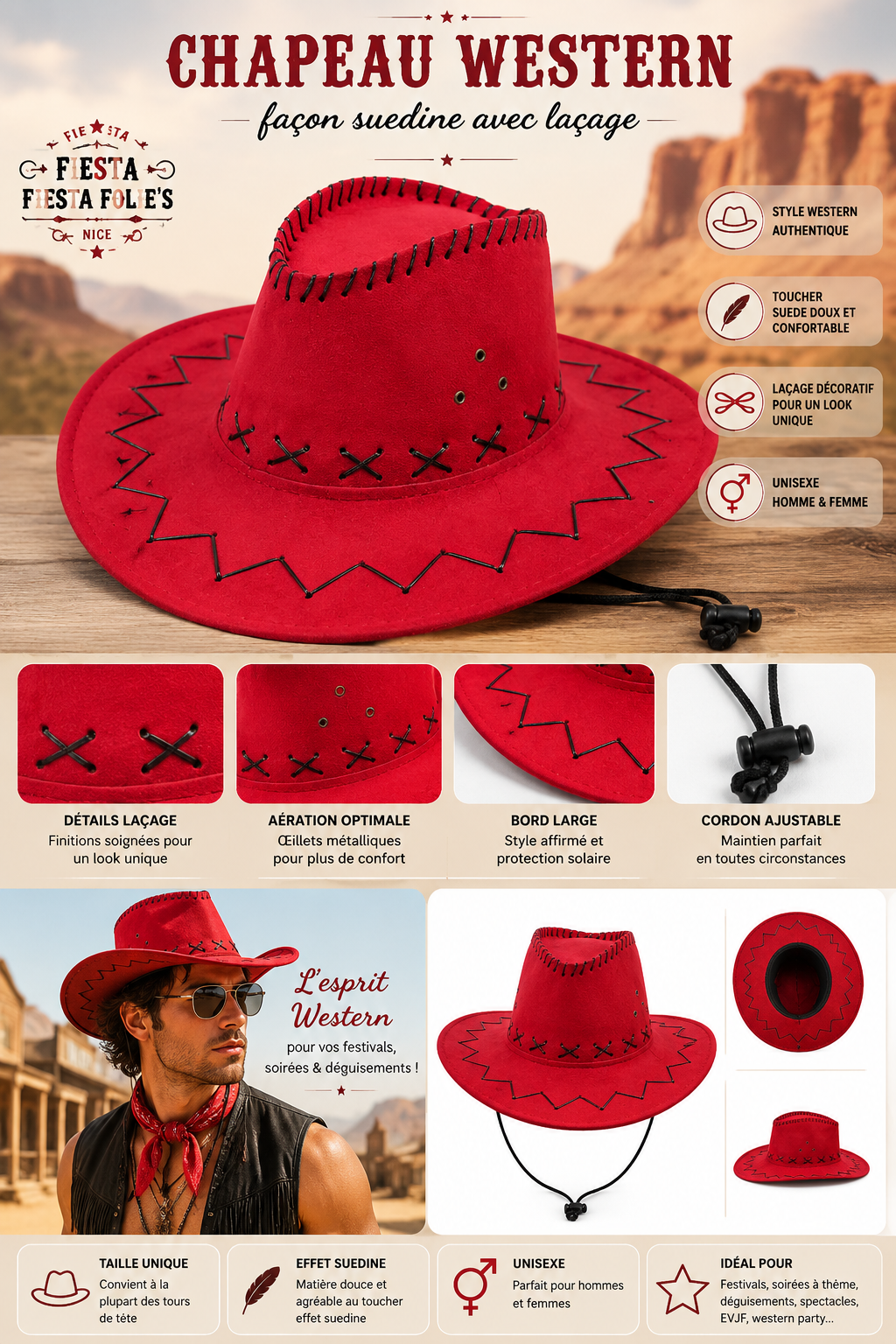 chapeau western suedine rouge lacets