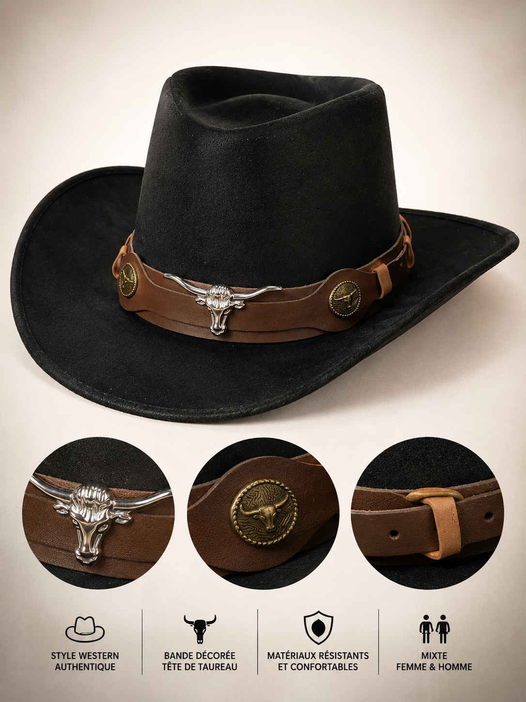 chapeau western suedine noire avec buffle