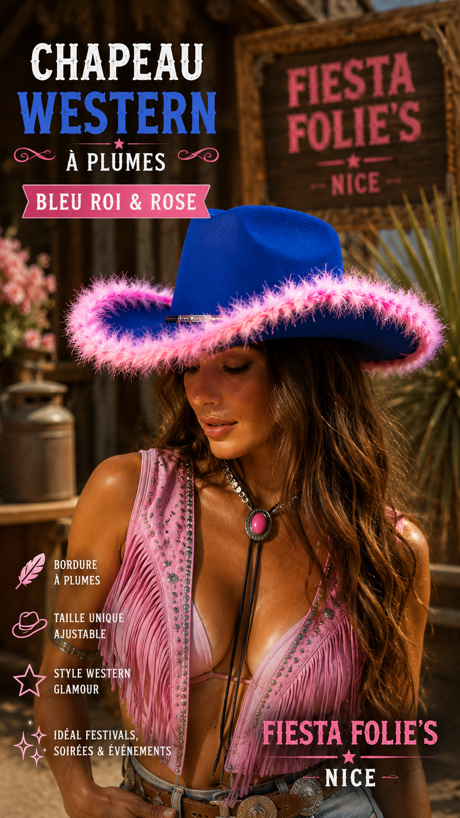 CHAPEAU WESTERN BLEU ROY MARABOU ROSE