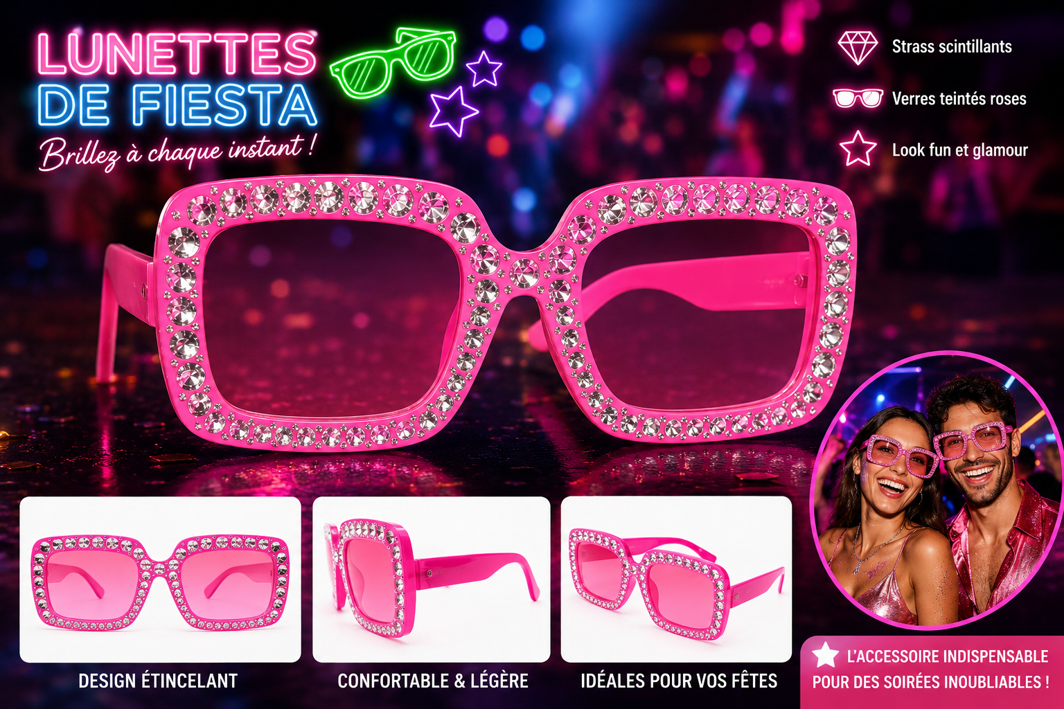 LUNETTES DISCO ROSES AVEC STRASS PLASTIQUE