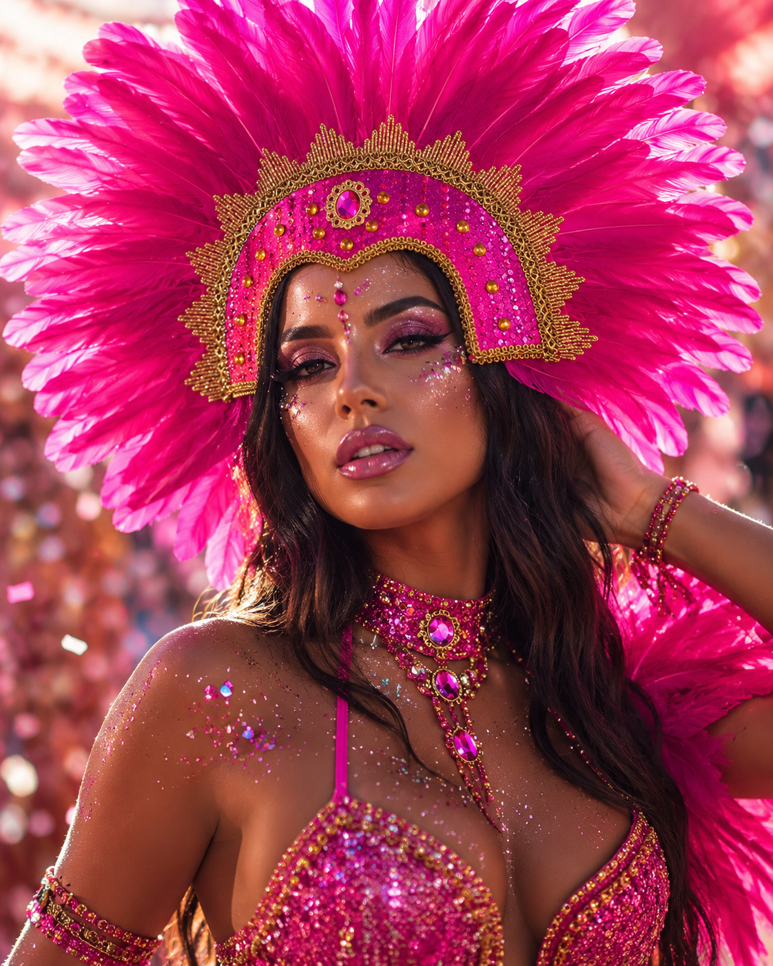 coiffe bresilienne avec plumes rose fuschia