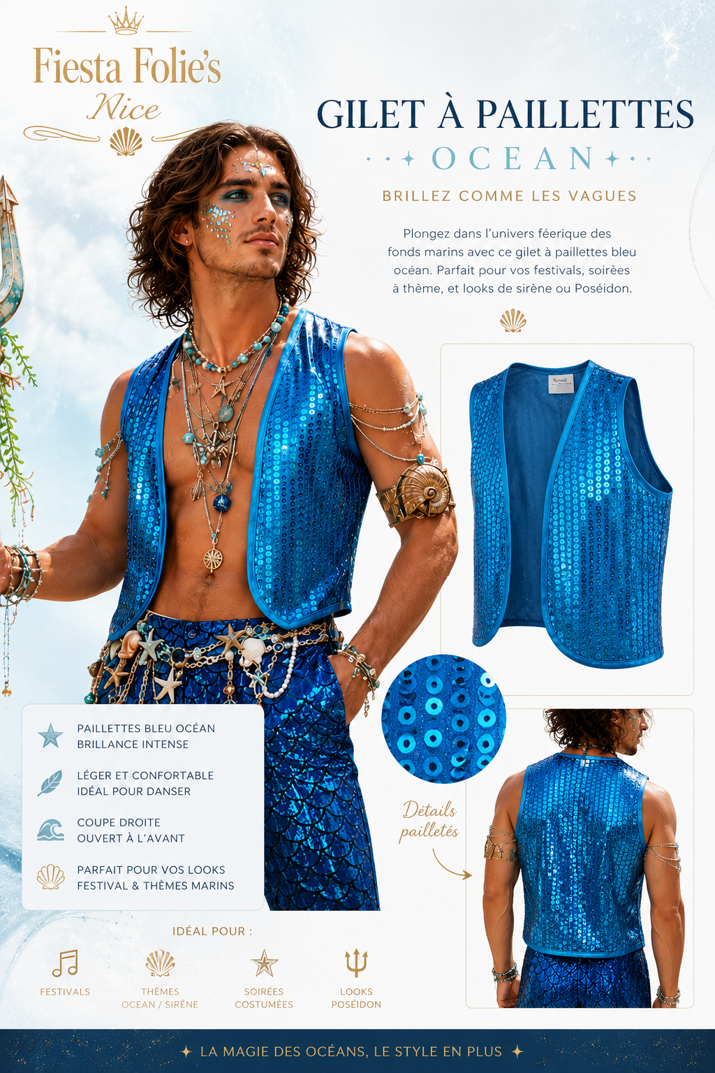 gilet à paillettes bleu turquoise