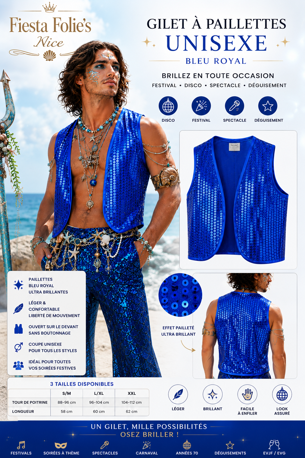 gilet paillettes bleu royal unisexe