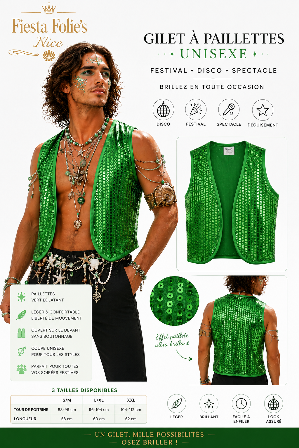 gilet paillettes vertes unisexe