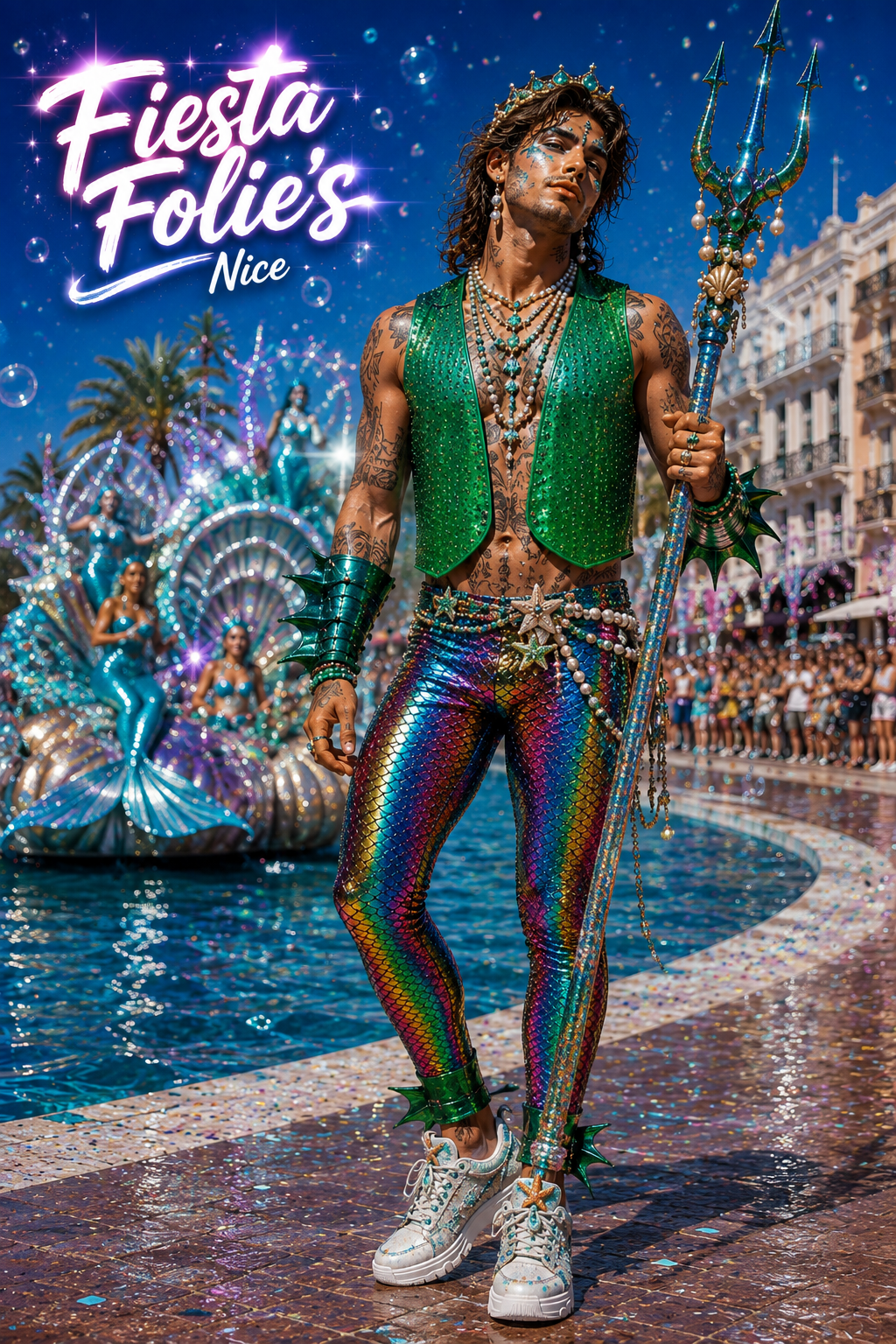 costume festival triton gilet vert paillettes