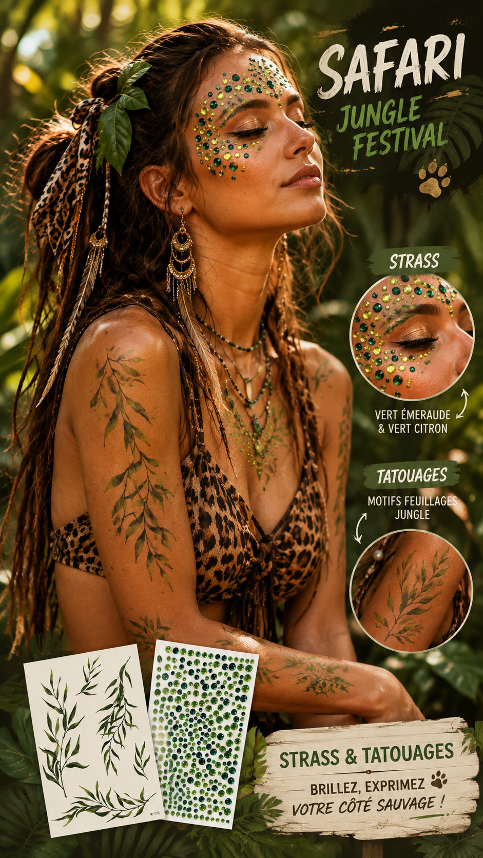 STRASS ET TATOUAGES VERT JUNGLE SAFARI