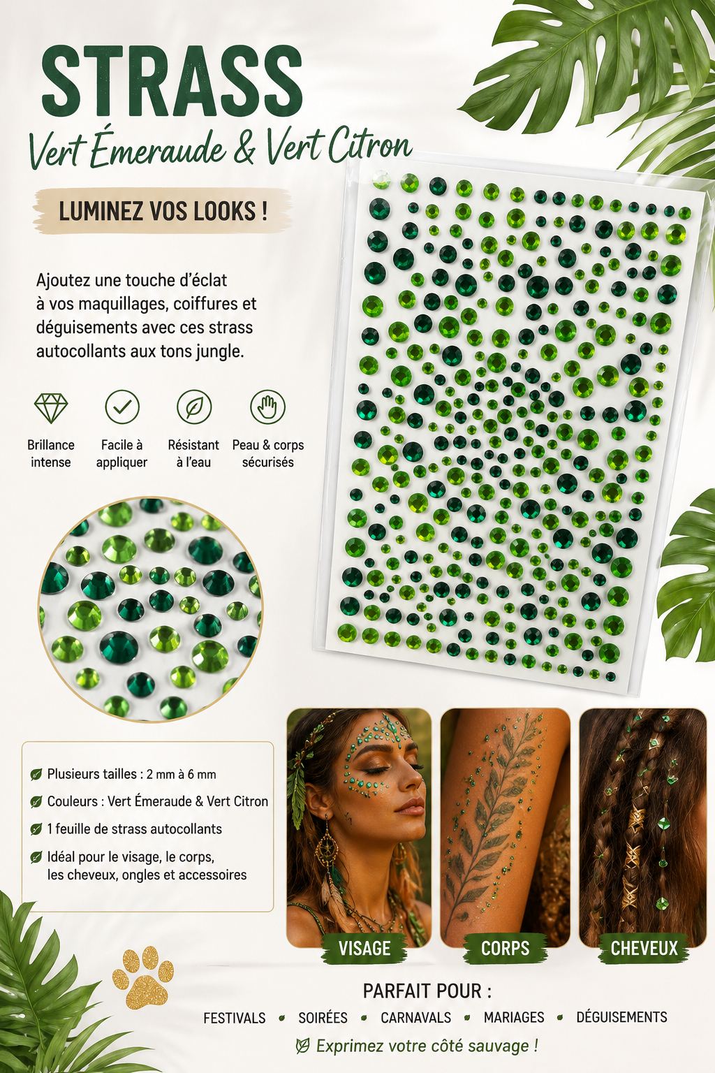 PLAQUE STRASS CAMAIEU VERT POUR VISAGE