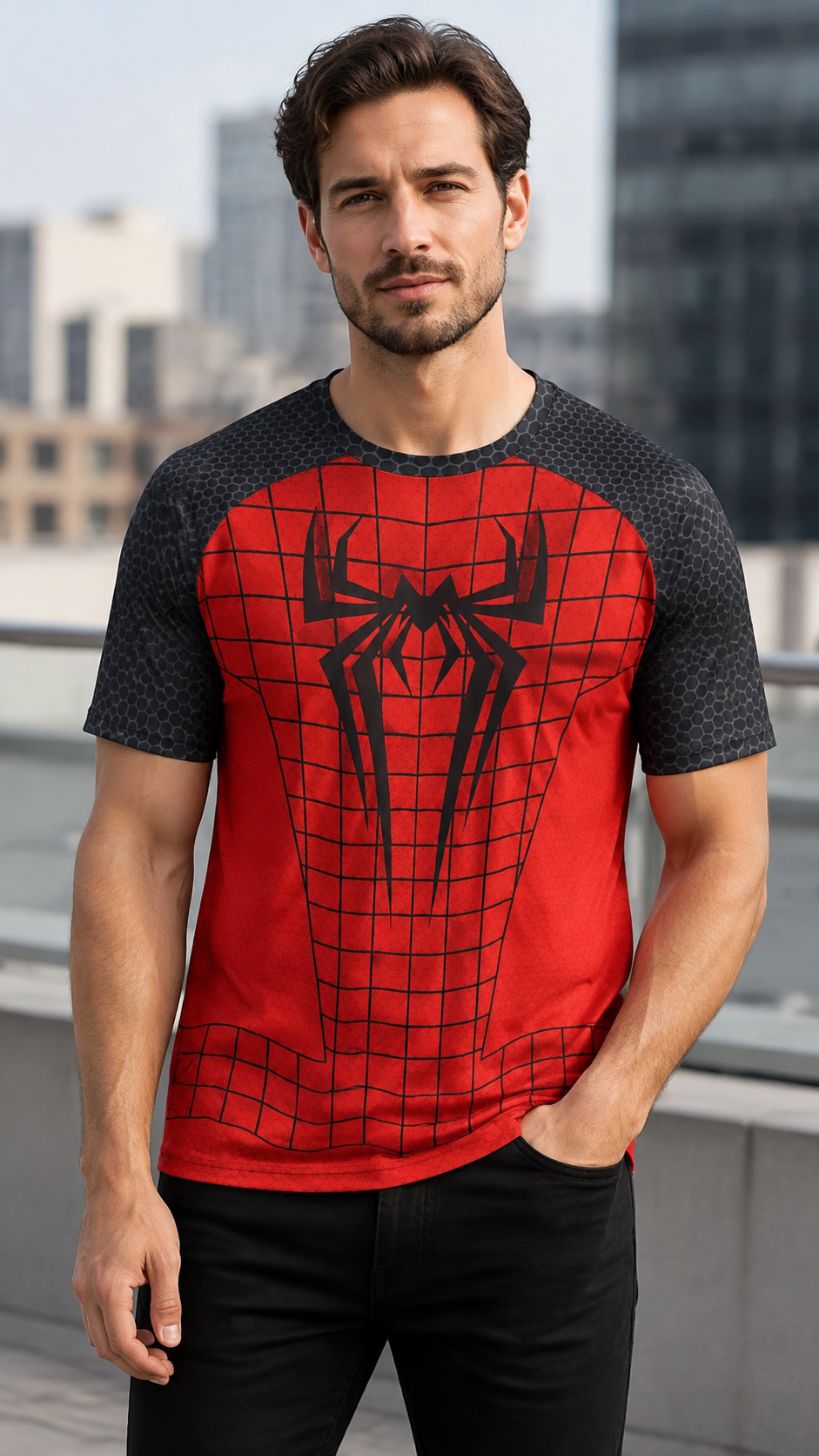 tee shirt homme homme araignee rouge et noir spiderman