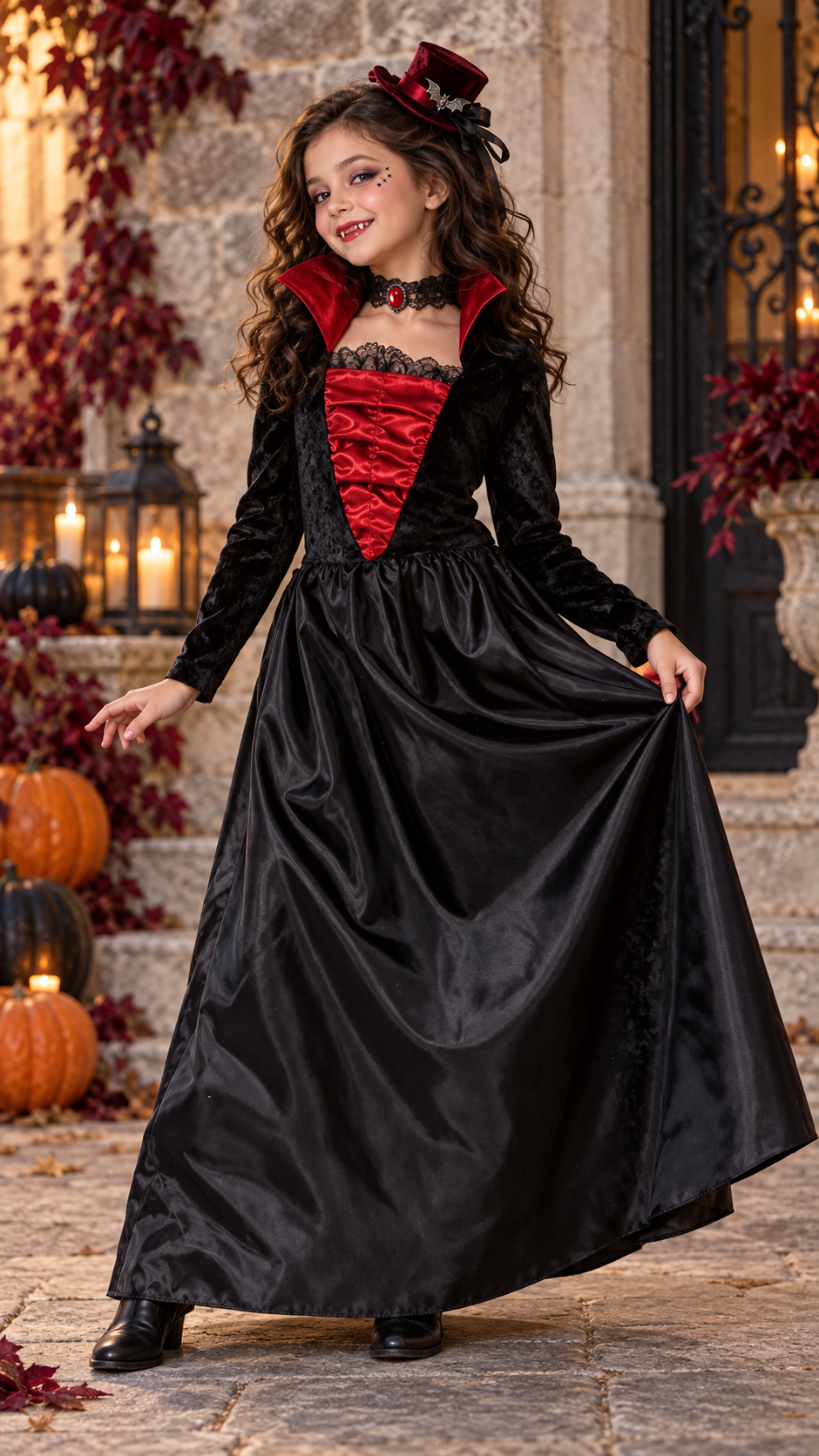 Déguisement de vampire fille en velours et satin avec col attenant