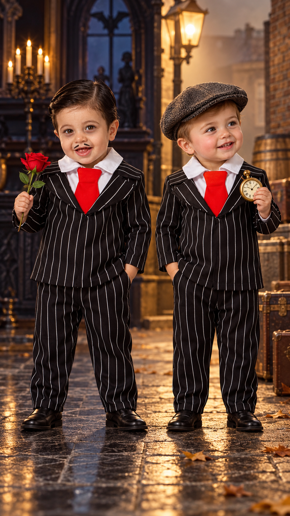 Déguisement enfant costume noir rayé et cravate rouge  Halloween