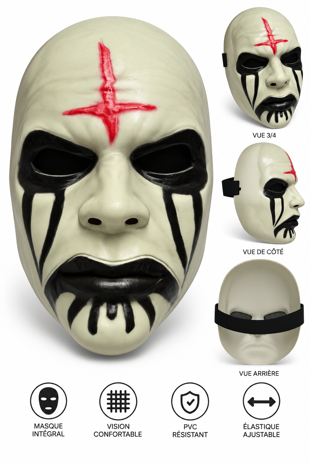 Masque Halloween adulte rigide en PVC ivoire noir et rouge 2