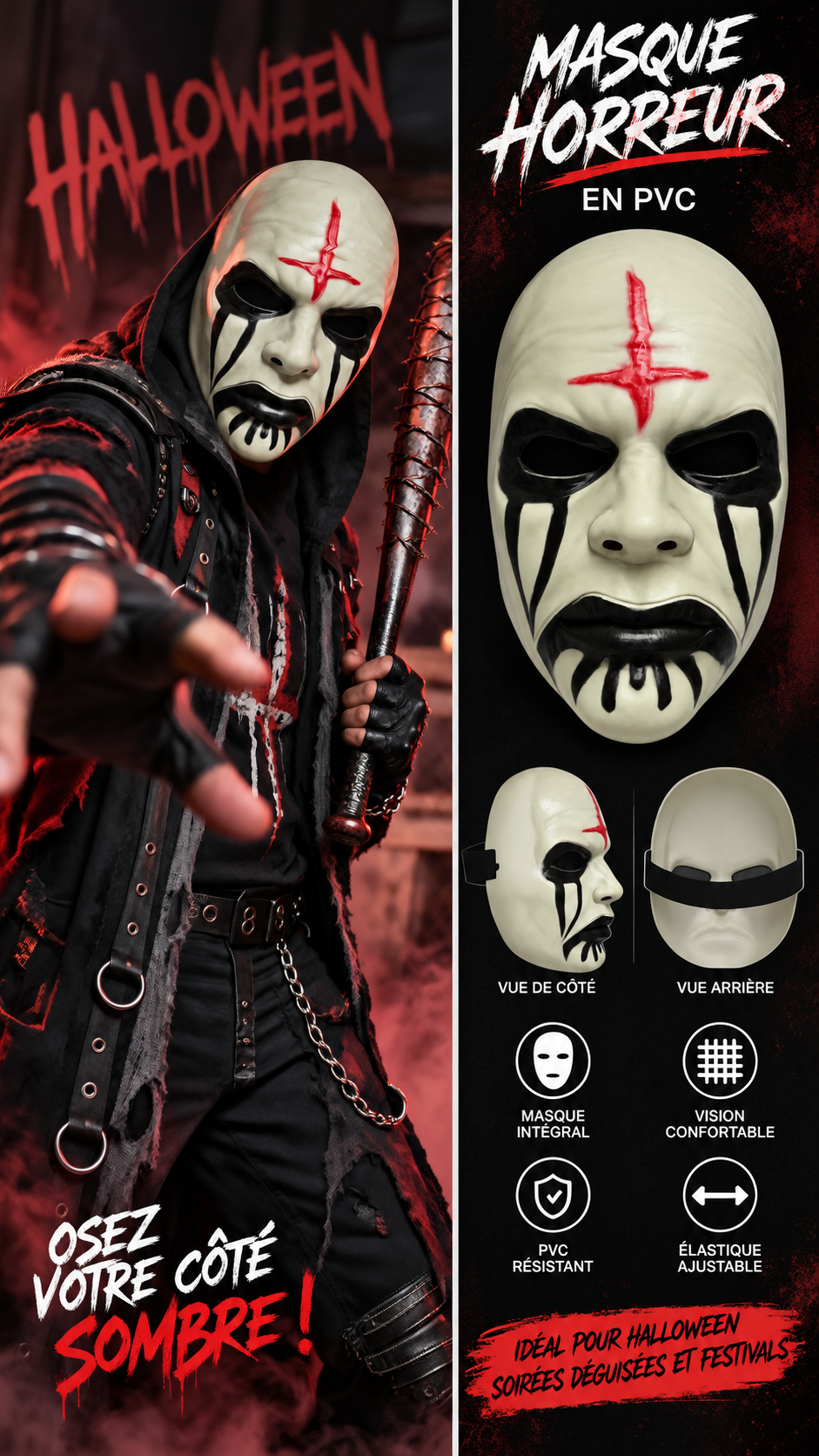 Masque Halloween adulte rigide en PVC ivoire noir et rouge