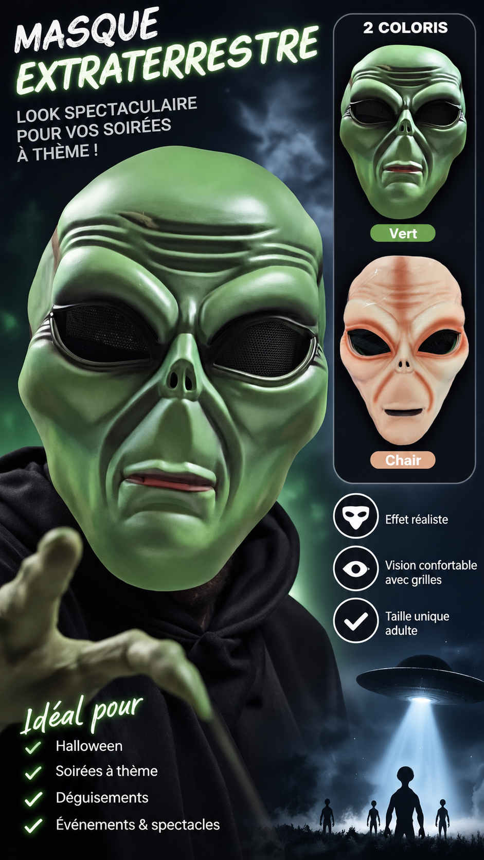 Masque Extraterrestre Adulte PVC Rigide Haute Qualité – Alien Vert ou Chair 1