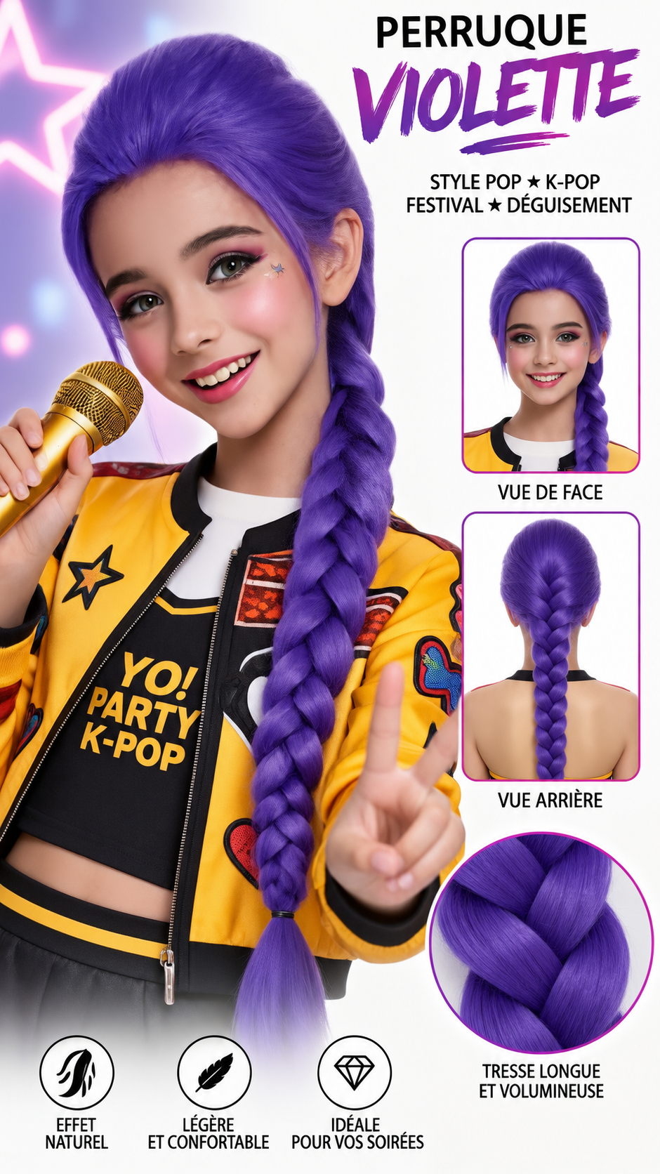 perruque kpop violette avec tresse