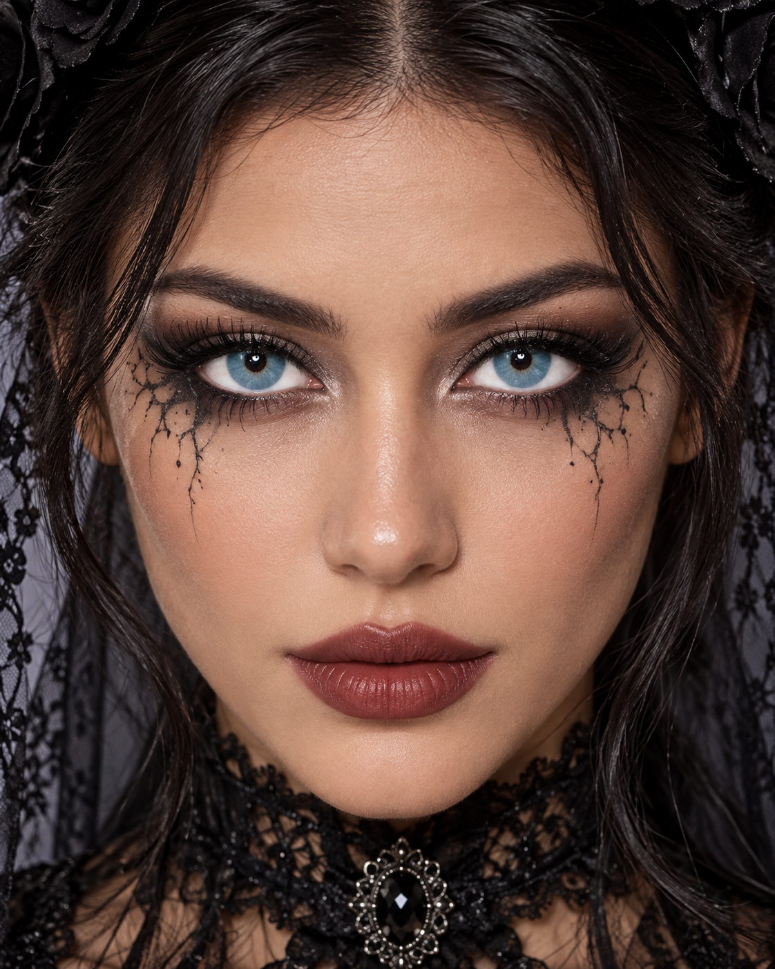 Portrait de face avec lentilles French Blue et maquillage gothique Halloween