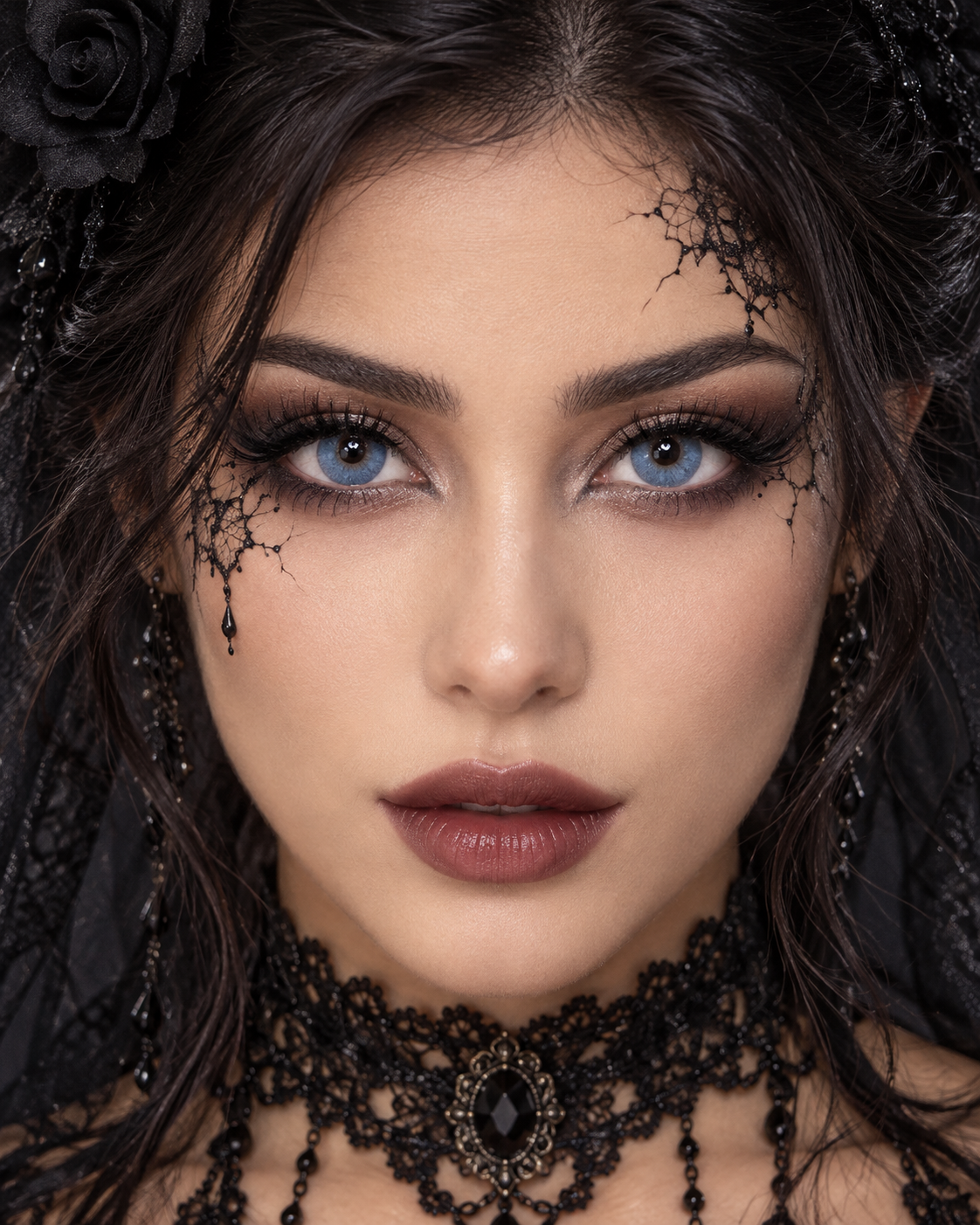 Portrait de face avec lentilles bleues et maquillage gothique Halloween