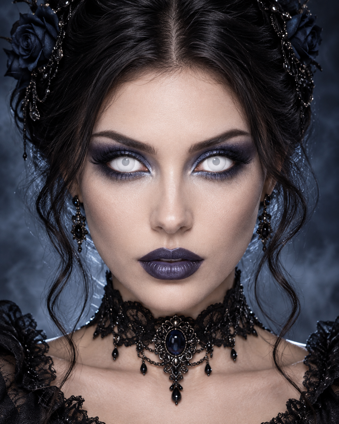 Portrait de face portant les lentilles New White avec maquillage gothique Halloween
