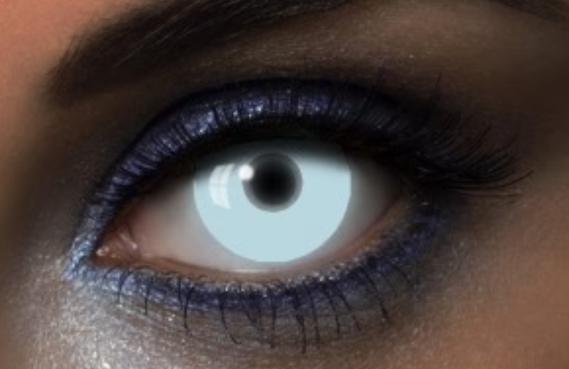 Gros plan d'un œil portant une lentille UV White blanc glacé avec pupille foncée