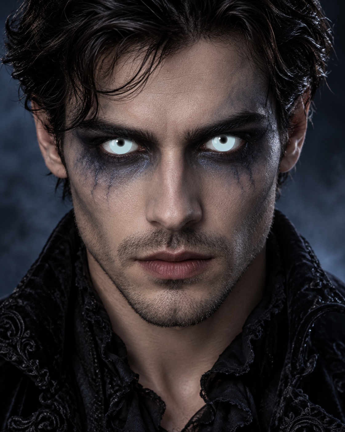 Homme de face avec lentilles UV White et maquillage Halloween gothique noir