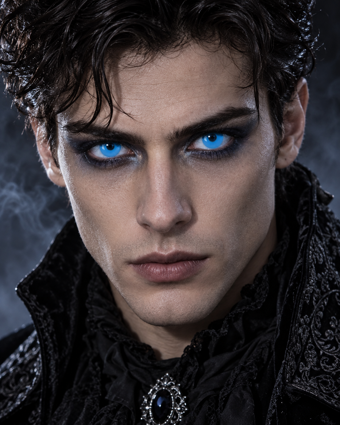 Homme de face avec lentilles UV Blue et maquillage gothique Halloween
