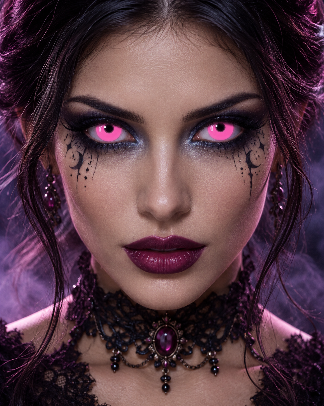 Femme de face avec lentilles UV Pink et maquillage gothique Halloween