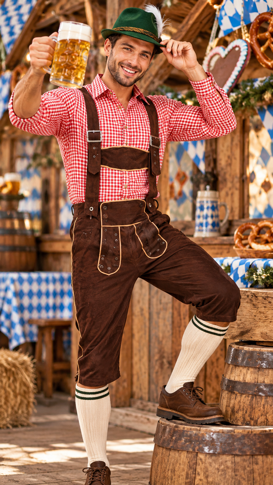 Homme portant un pantacourt tyrolien marron avec bretelles, chemise à carreaux et chapeau bavarois pour lOktoberfest