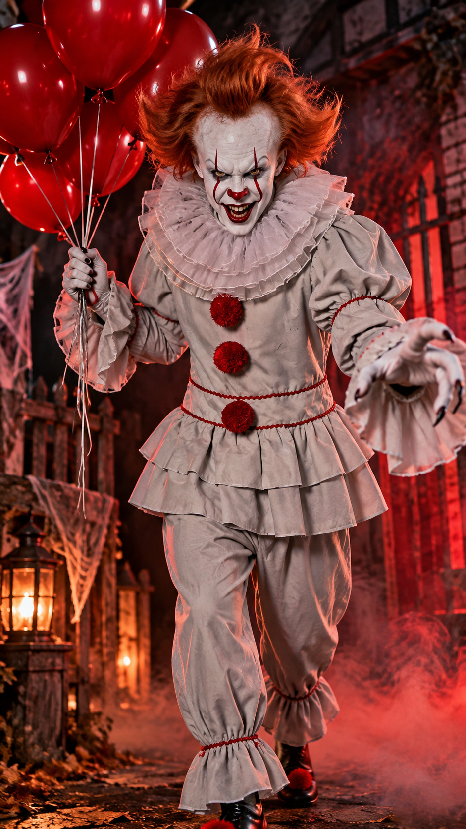 Déguisement de clown gris maléfique Halloween avec tunique à pompons rouges, pantalon bouffant, perruque rousse et ballons rouges.