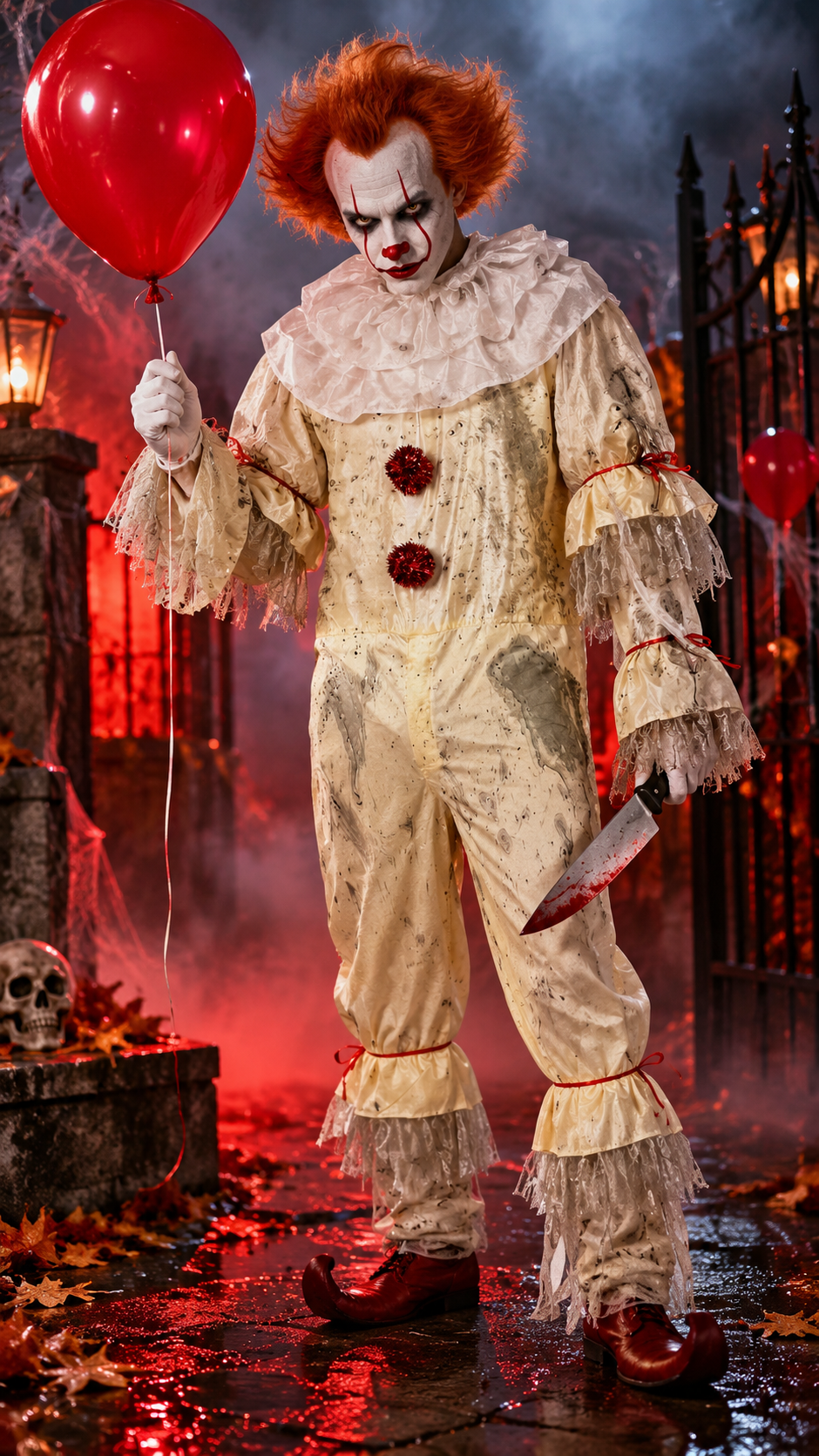 Jeune homme déguisé en clown maléfique façon Pennywise, portant une combinaison en taffetas moiré avec collerette blanche et pompons rouges, perruque orange et maquillage terrifiant pour Halloween.