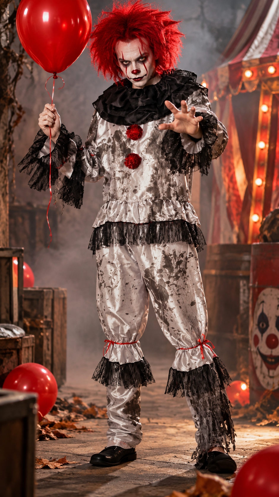 Homme portant un déguisement de clown maléfique gris en taffetas taché avec collerette noire, pompons rouges, perruque et maquillage Halloween façon Pennywise