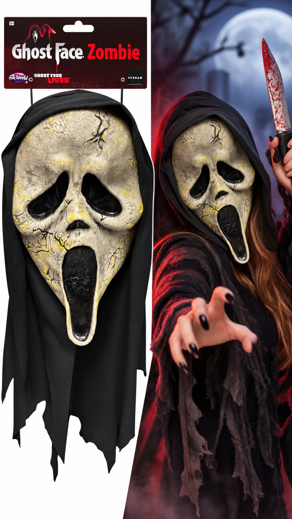 Masque Ghost Face Zombie officiel avec visage cadavérique fissuré et capuche noire pour déguisement Halloween adulte